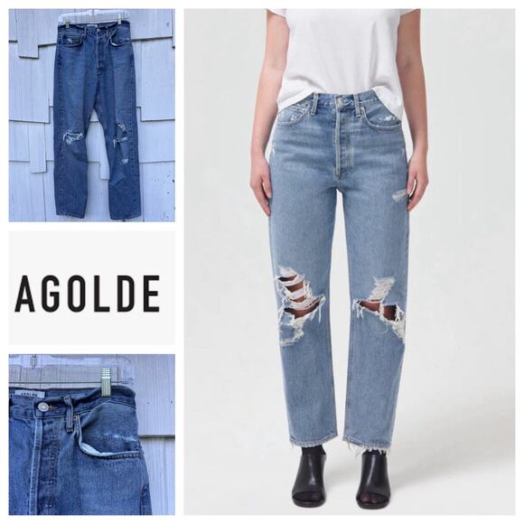 Agolde Denim - Agolde 90s Mid Rise Loose Fit Straight Leg Distressed Jeans Cotton Denim Size 25